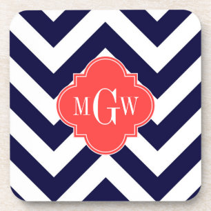 Navy Lg Chevron Coral Red Quatrefoil 3 Monogram Drankjes Onderzetter