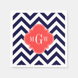 Navy Lg Chevron Coral Red Quatrefoil 3 Monogram Servet
