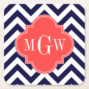 Navy Lg Chevron Coral Red Quatrefoil 3 Monogram Vierkante Kartonnen Onderzetter