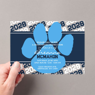 Navy & Lichtblauw Afstuderen Pawprint Frosted Acryl Uitnodigingen