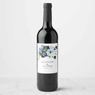 Navy & lichtblauw bloemenbruiloft wijn etiket