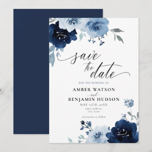 Navy Light Blue Dusty Floral Elegant Save the Date Kaart
