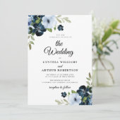 Navy light blue flower flower script bruiloft kaart (Staand voorkant)