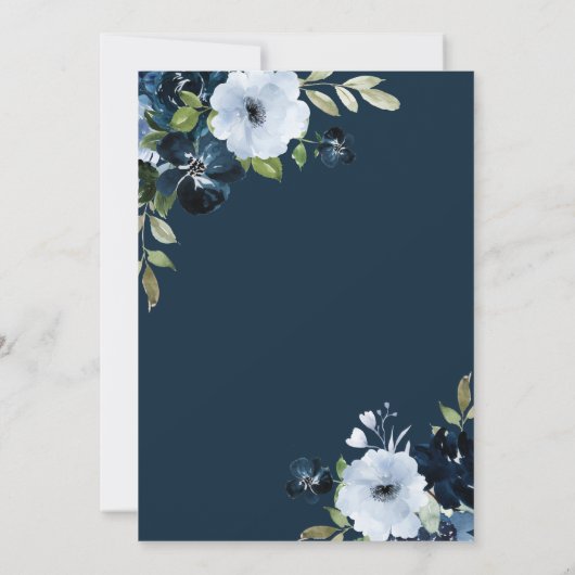Navy light blue flower flower script bruiloft kaart (Achterkant)