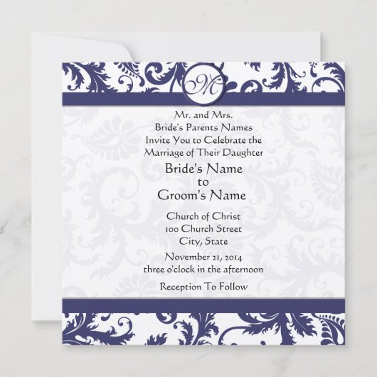 Navy Light Damask Swirls Wedding Invitation Kaart (Voorkant)