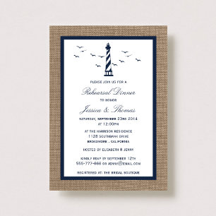 Navy Lighthouse & Burlap Nautical Rehearsal Dinner Kaart
