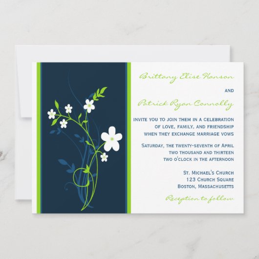Navy, Limoen, White Floral Wedding Invitation Kaart (Voorkant)