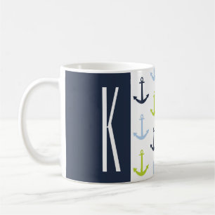 Navy, Linggroen & Baby Blue Nautical Anchors Koffiemok