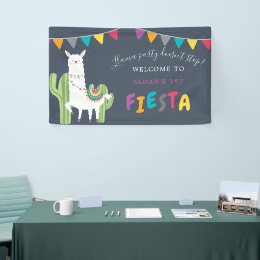Navy Llama Fun Cactus Birthday Party Welkom Spandoek (Beurs)