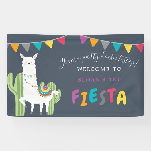 Navy Llama Fun Cactus Birthday Party Welkom Spandoek (Horizontaal)