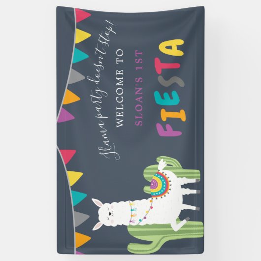 Navy Llama Fun Cactus Birthday Party Welkom Spandoek (Verticaal)