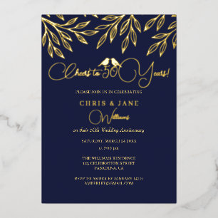 Navy Love Birds 50ste trouwdag Folie Uitnodiging