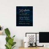 Navy Luster Dark Blue Silver Wedding Welcome Sign Poster (Thuiskantoor)