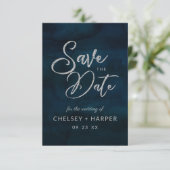 Navy Luster Dark Blue Waterverf Silver Elegant Save The Date (Staand voorkant)
