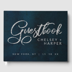Navy Luster Donkerblauw Zilver Waterverf Bruiloft Gastenboek