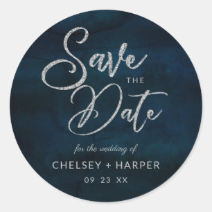 Navy Luster Silver Blue Waterverf Save the Date Ronde Sticker
