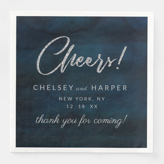 Navy Luster Zilver Proost Bruiloft Monogram Diner Servet (Voorkant)