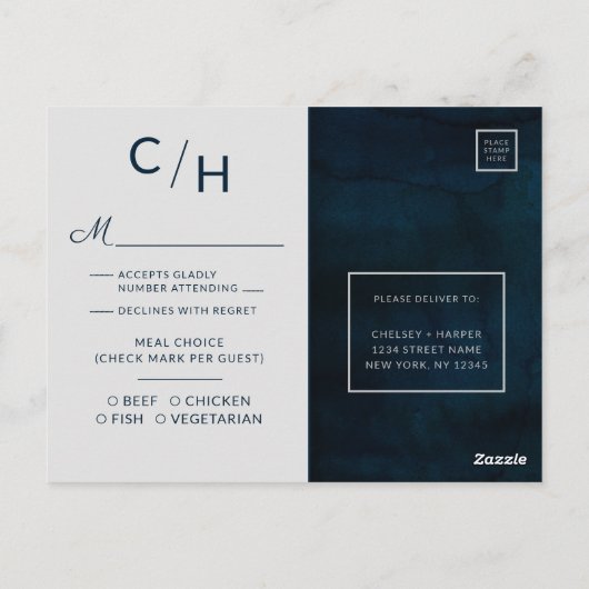 Navy Luster Zilveren Blauwe Bruiloft Maaltijd Keuz Briefkaart (Achterkant)