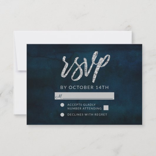 Navy Lustre Donkerblauw Zilver Bruiloft RSVP React (Voorkant)