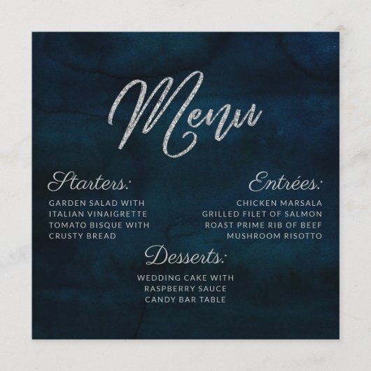 Navy Lustre Zilveren Blauwe Waterverf Vierkant Din Menu (Voorkant)