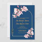 Navy Magnolia Floral Photo Wedding Invitation (Devant)