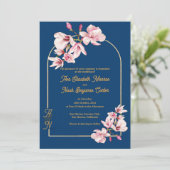 Navy Magnolia Floral Photo Wedding Invitation (Debout devant)