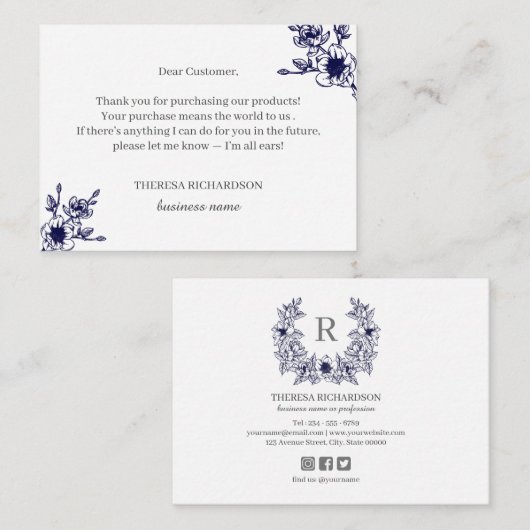 Navy Magnolia Wreath Bedankt voor uw aankoop Informatiekaartje (Voorkant / Achterkant)