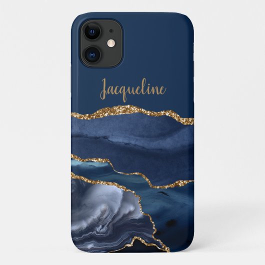 Navy Marble Geode Gold Dusty Blue Modern Name Case-Mate iPhone Case (Achterkant)