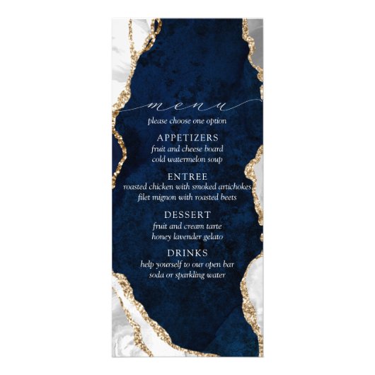 Navy Marble, White & Gold Agate Wedding Menu (Devant)
