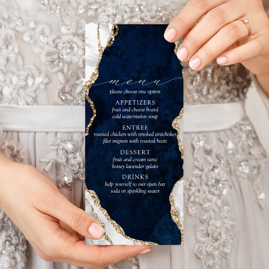 Navy Marble, White & Gold Agate Wedding Menu