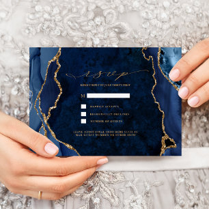 Navy Marmer & Gold Agate Wedding RSVP Uitnodiging