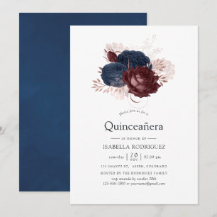 Navy, Maroon en Roos Gold Floral Quinceañera Kaart