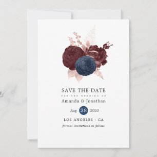 Navy, Maroon en Roos Gold Floral Save the Date