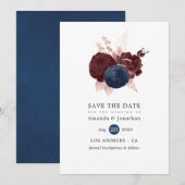 Navy, Marron et Rose Gold Floral Save the Date (Devant / Derrière)