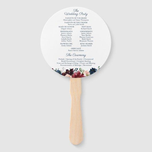 Navy Marsala Bloem Trouwprogramma Cirkel Fan Handwaaier (Achterkant)