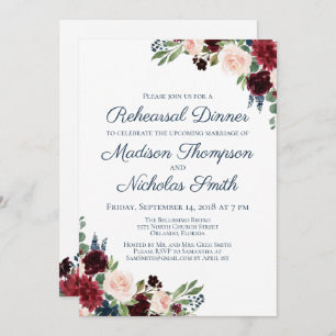 Navy Marsala Bloemen repetitie diner uitnodigingen