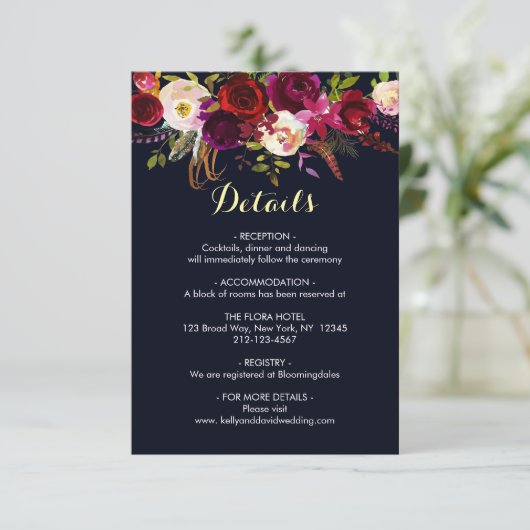 Navy Marsala Boheemse Bloemige Trouwdetails Info Informatiekaartje (Staand voorkant)