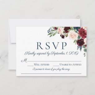 Navy Marsala Bruiloft RSVP Kaarten met Song Choice Kaartje