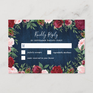 Navy Marsala Country Rustieke Bruiloft RSVP Kaarte Kaartje