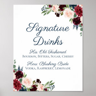 Navy Marsala Floral Signature Drink Cocktail Sign Poster