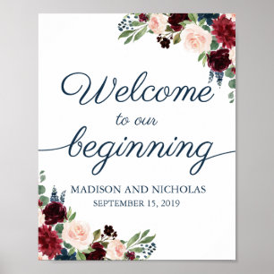 Navy Marsala Floral Welkom bij ons beginbord Poster