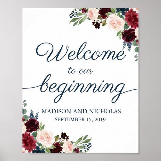 Navy Marsala Floral Welkom bij ons beginbord Poster (Voorkant)