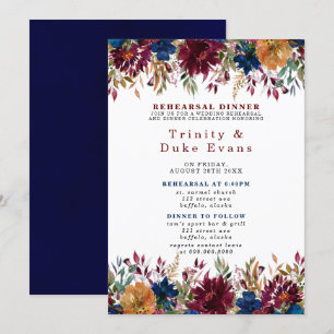 Navy Marsala Oranje Floral Rehearsal Dinner Invita Kaart