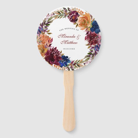 Navy Marsala Oranje Floral Weddenschap Handwaaier (Voorkant)