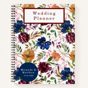Navy Marsala Oranje Floral Wedding Planner-laptop Notitieboek