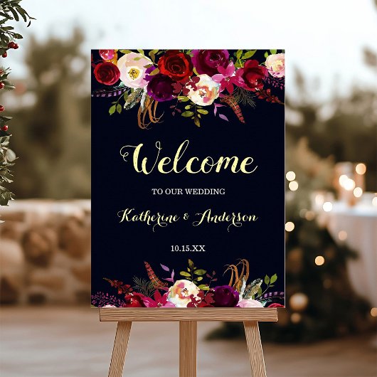 Navy Marsala Rustic Boho Floral Welcome Wedding Poster