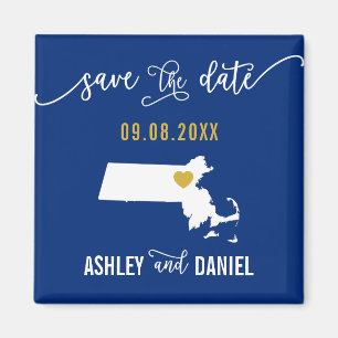 Navy Massachusetts Wedding Save the Date Map Magneet