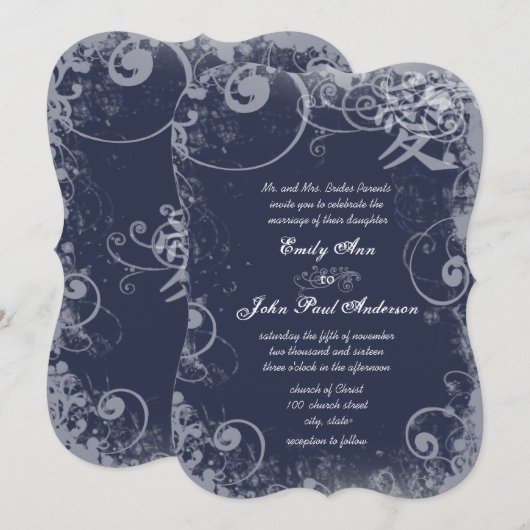 Navy Metallic Silver Kanji Love Swirl Kaart (Voorkant / Achterkant)