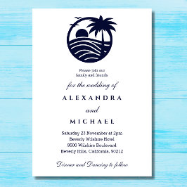 Navy Minimalist Palm Tree Coastal Wedding Kaart