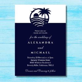 Navy Minimalist Palm Tree Coastal Wedding Kaart